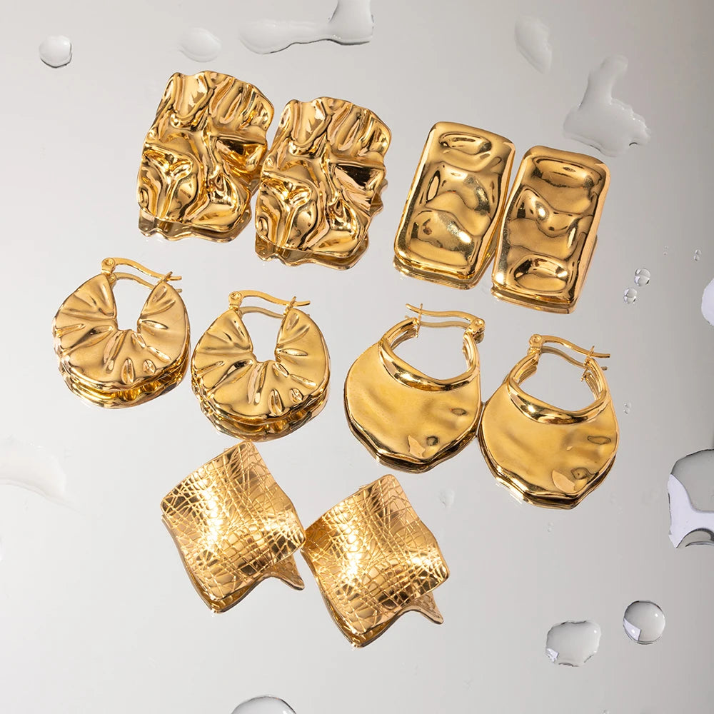 Rustfrit stål pletlagt Chunky 18K forgyldt udsøgt geometrisk hammer kornmønster øreringe kvinder ørepletter gratis smykker