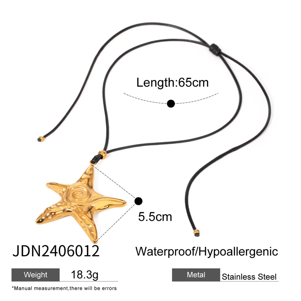 Summer Beach 18k Gold Plated Stainless Steel Vintage Threaded Starfish Necklace Earrings Open Ring Set Women Charm Jewelry Gift