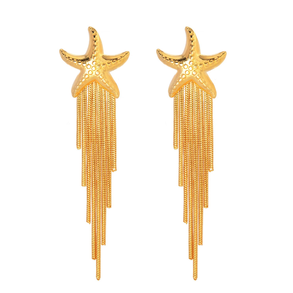 Edelstahl Chic Lange Kette Quaste Seestern Tropfen Hängende Ohrringe Damen 18K PVD Beschichtet Wasserdicht Temperament Stilvoller Schmuck
