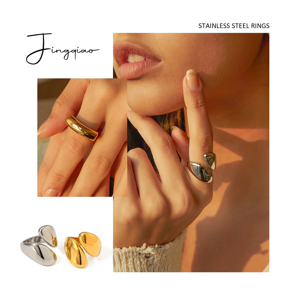 Stainless Steel Delicate 18k Gold Plated Smooth Asymmetric Opening Ring Light Cozy Rust Proof Bijoux Femme Gala Gift