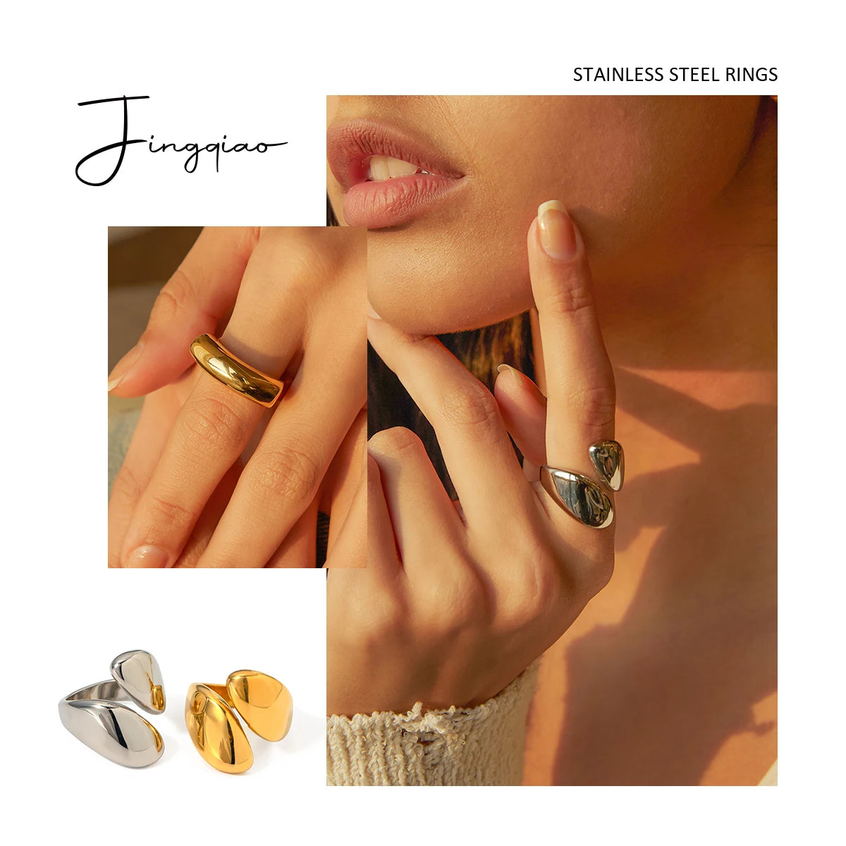 Stainless Steel Delicate 18k Gold Plated Smooth Asymmetric Opening Ring Light Cozy Rust Proof Bijoux Femme Gala Gift