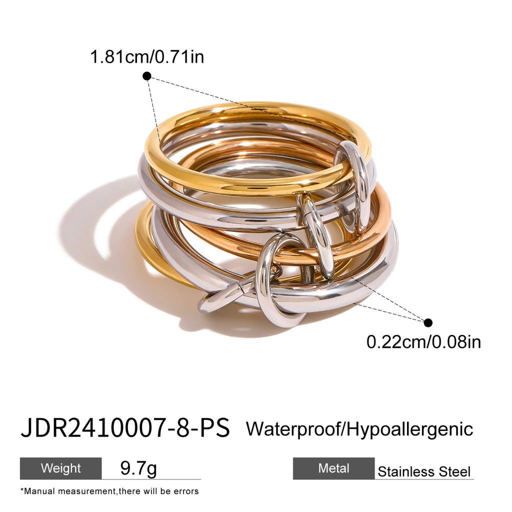 Nuevo único anillo entrelazado de acero inoxidable geométrico de tres capas 18K oro y plata para mujer textura metálica joyería de moda
