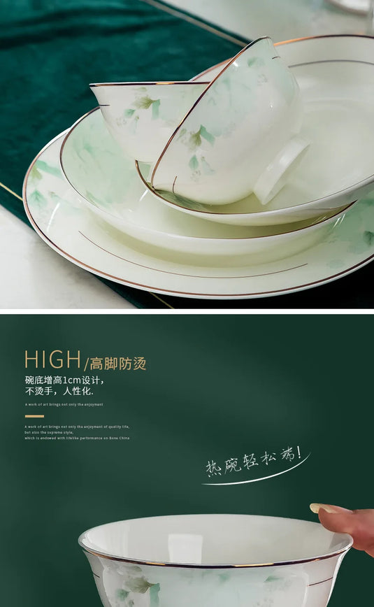 Jingdezhen Bone Porcelain Bowl and Plate Set, Ceramic Tableware Bowl and Chopstick Set