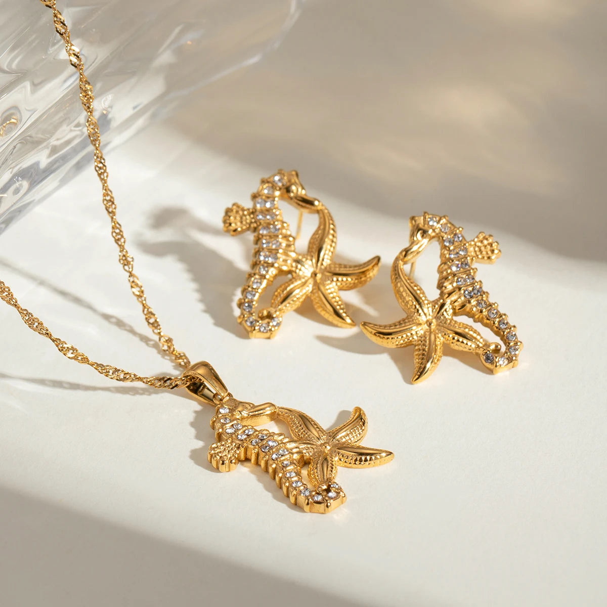 18K Stainless Steel Waterproof Seahorse Starfish Adhesive Rhinestone Earrings Necklace Women Anti Allergic Elegant Charm Jewelry