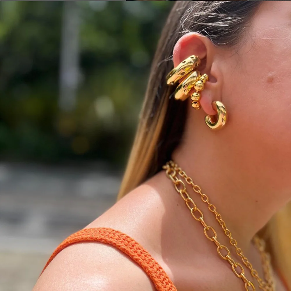 Creatieve roestvrijstalen liefdeshart hol C-vormige oorclip zonder aanslag 18K PVD goud vergulde metalen textuur mode sieraden