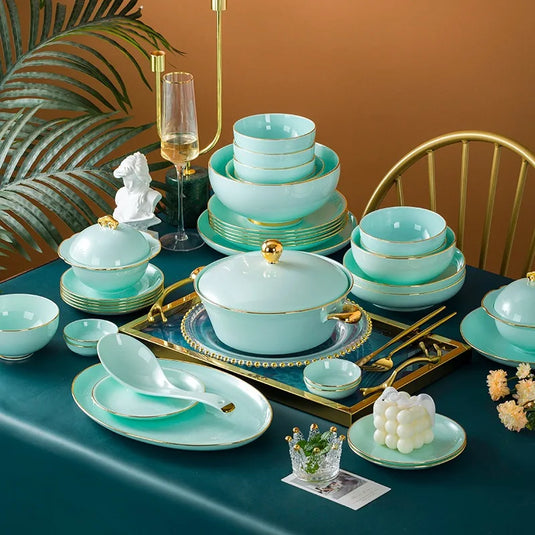 Jingdezhen Light Luxury Bone Porcelain Hand-painted Gold Border Bowl Plate Combination, Celadon Tableware Set for Household Use