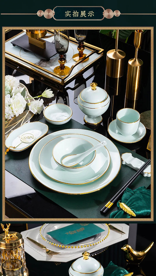 Jingdezhen tableware set, hotel tableware, dishes, gifts, handmade gilt edged dining plates, household dining plates