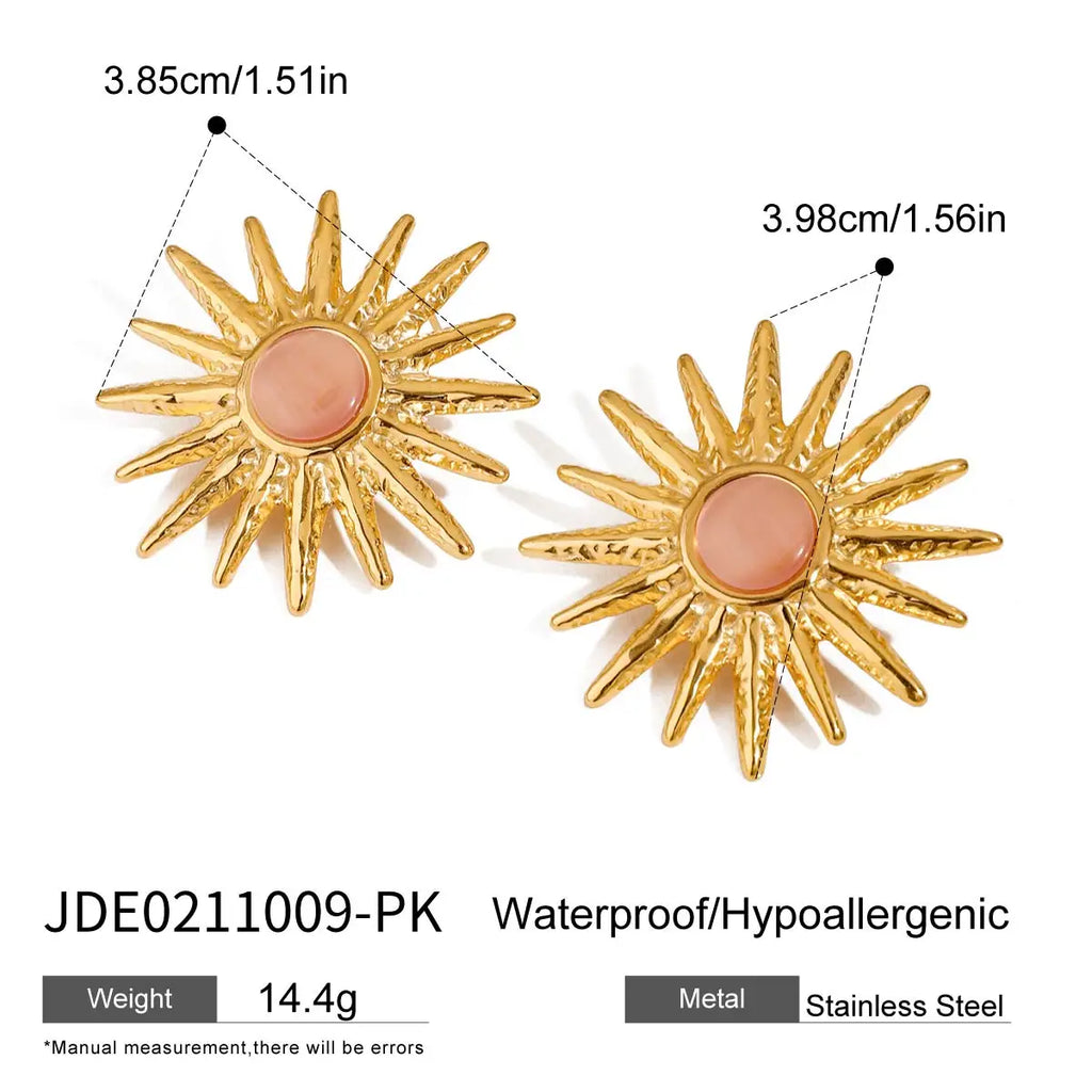 Pendientes y anillo para mujer con piedra de ojo de gato y patrón de sol, de acero inoxidable chapado en oro de 18k, antialérgicos, a prueba de óxido, joyería elegante