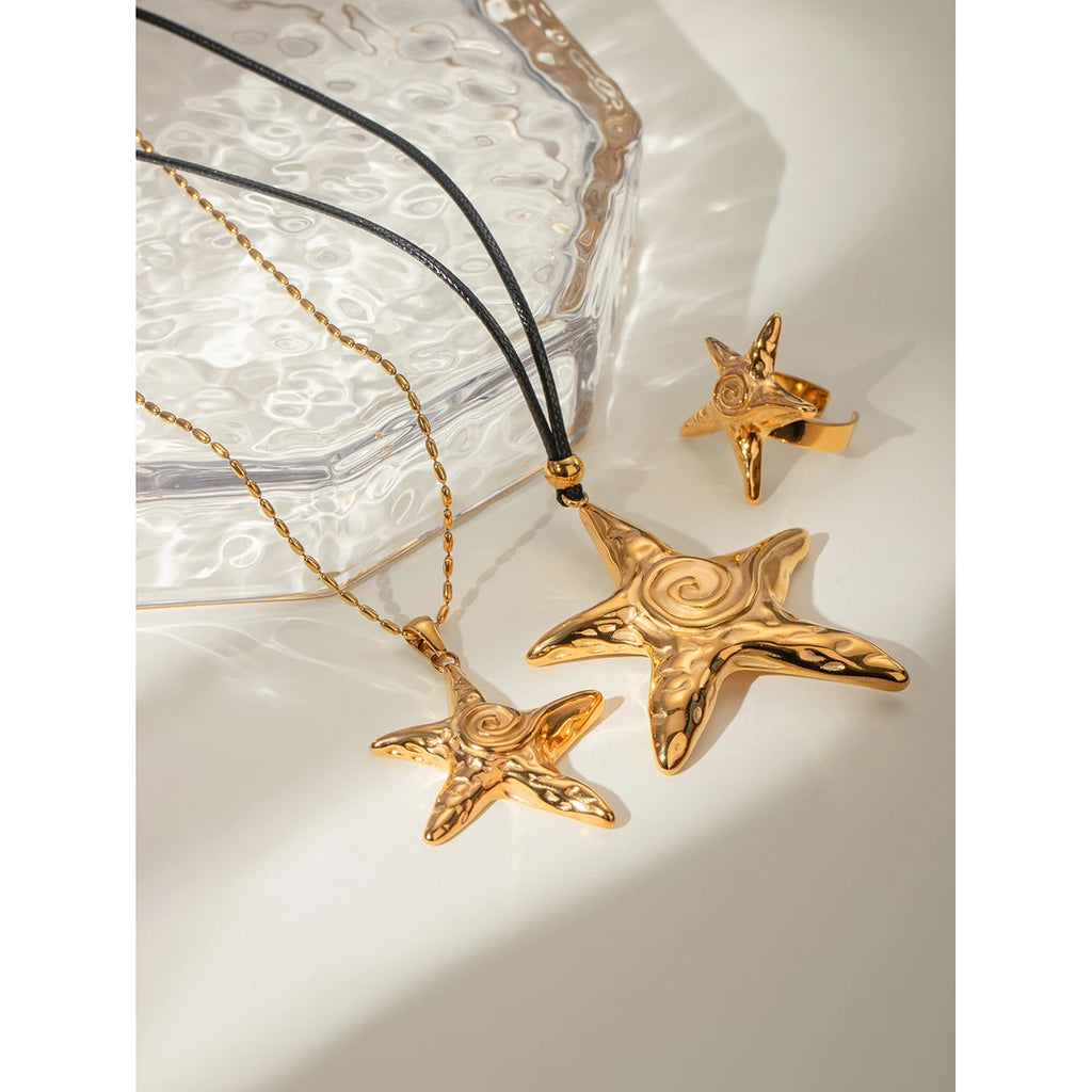 Summer Beach 18k Gold Plated Stainless Steel Vintage Threaded Starfish Necklace Earrings Open Ring Set Women Charm Jewelry Gift