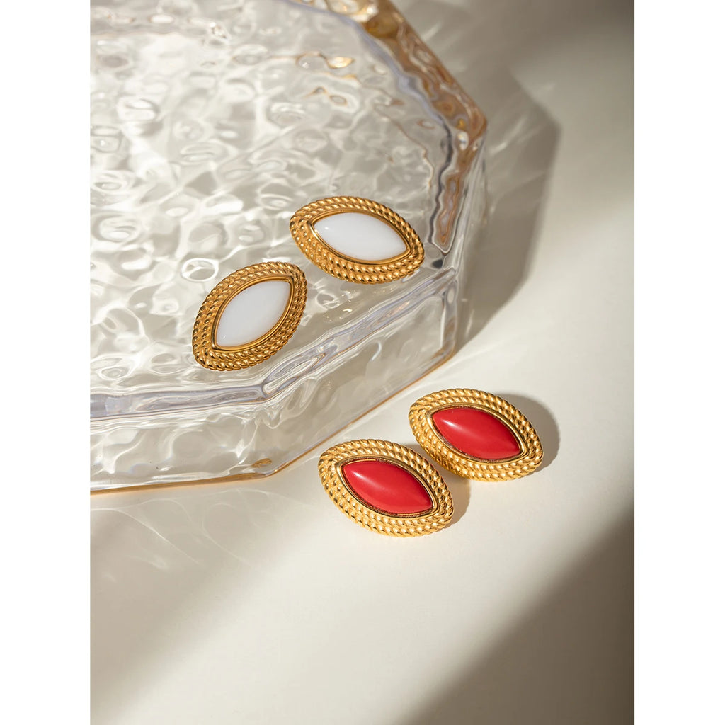 18k Gold Plated Stylish Geometric Minimalist Red Agate Horse-eye EarringsStainless Steel Women Anti Allergenic Jewelry