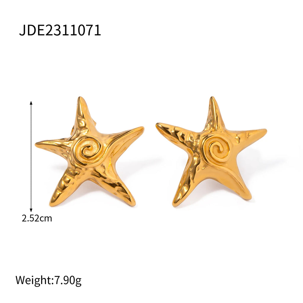 Summer Beach 18k Gold Plated Stainless Steel Vintage Threaded Starfish Necklace Earrings Open Ring Set Women Charm Jewelry Gift