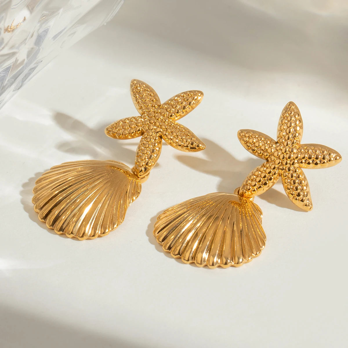 18K Stainless Steel Geometric Starfish Shell Ocean Collection Dangle Earrings Women Anti Allergic Elegant Charm Daily Jewelry