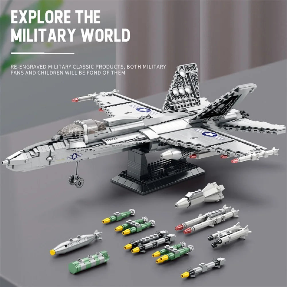 F-18 Strike Hornet Fighter Building Blocks Set, Jet Fighter Construction Kit, Military Toy Gift for Adults, Teens 14+, 1387 Pcs