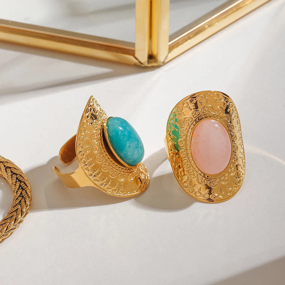 Vintage Green Pink Natural Stone Stainless Steel Open Ring Statemnet Chunky Hyperbolic Finger Rings Trendy Jewelry for Women