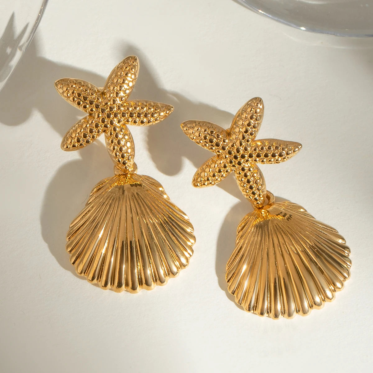 18K Stainless Steel Geometric Starfish Shell Ocean Collection Dangle Earrings Women Anti Allergic Elegant Charm Daily Jewelry