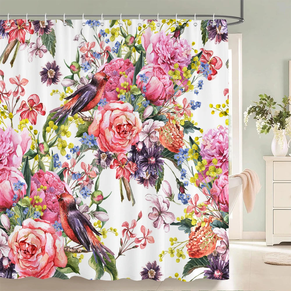 Flowers and Birds pattern Shower Curtain 3D Bath Screen Waterproof Fabric Bathroom Decor 240X180cm With Hook Shower Curtains