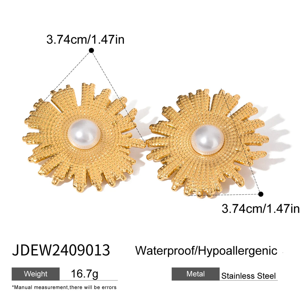 Minimalistisk 18K rustfrit stål Imitation Shell Bead Hammer Grain Texture Blomsterøreringe Ring Damer Rustfast Trendy smykker