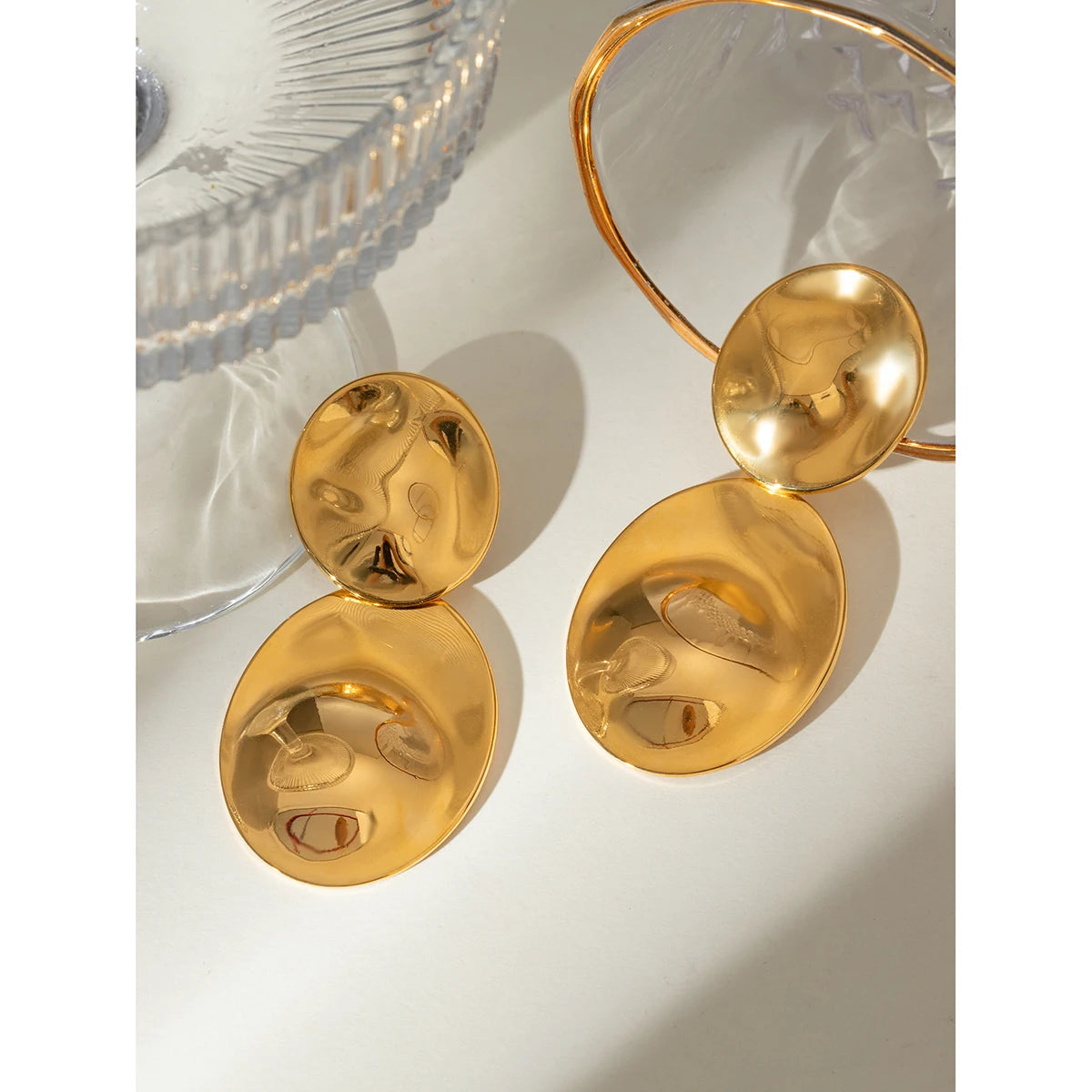 18K Gold Plated Stainless Steel Metal Oval Large Smooth Concave And Convex Earrings Women Daily Metal Texture Trendy Jewelry - Grand Goldman