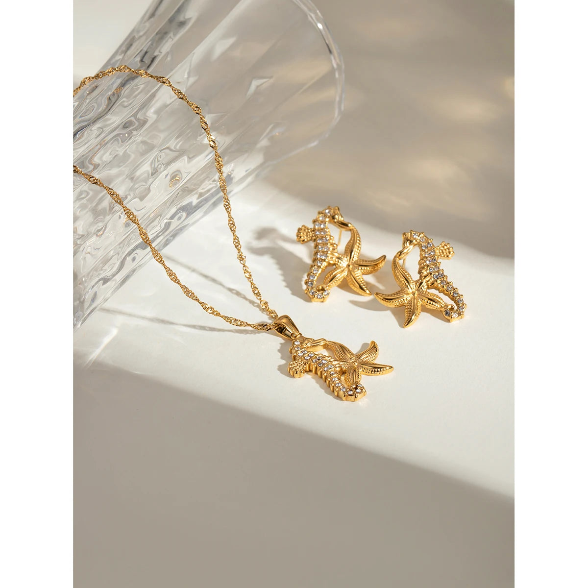 18K Stainless Steel Waterproof Seahorse Starfish Adhesive Rhinestone Earrings Necklace Women Anti Allergic Elegant Charm Jewelry