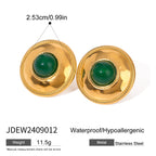 Stainless Steel 18K Vintage Round Green Agate Set Pendant Earrings Open Bangle Rust-proof Attractive Jewelry Accessories