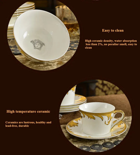 Coffrets de table de luxe en porcelaine 58 pièces Service de table Service à café Plats Bol Cuillère et assiettes