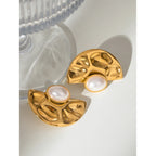 Stainless Steel 18k Gold Plated Vintage Imitation Shell Bead Fan-shaped Hammer Earrings Women Temperament Fashion Charm Jewelry