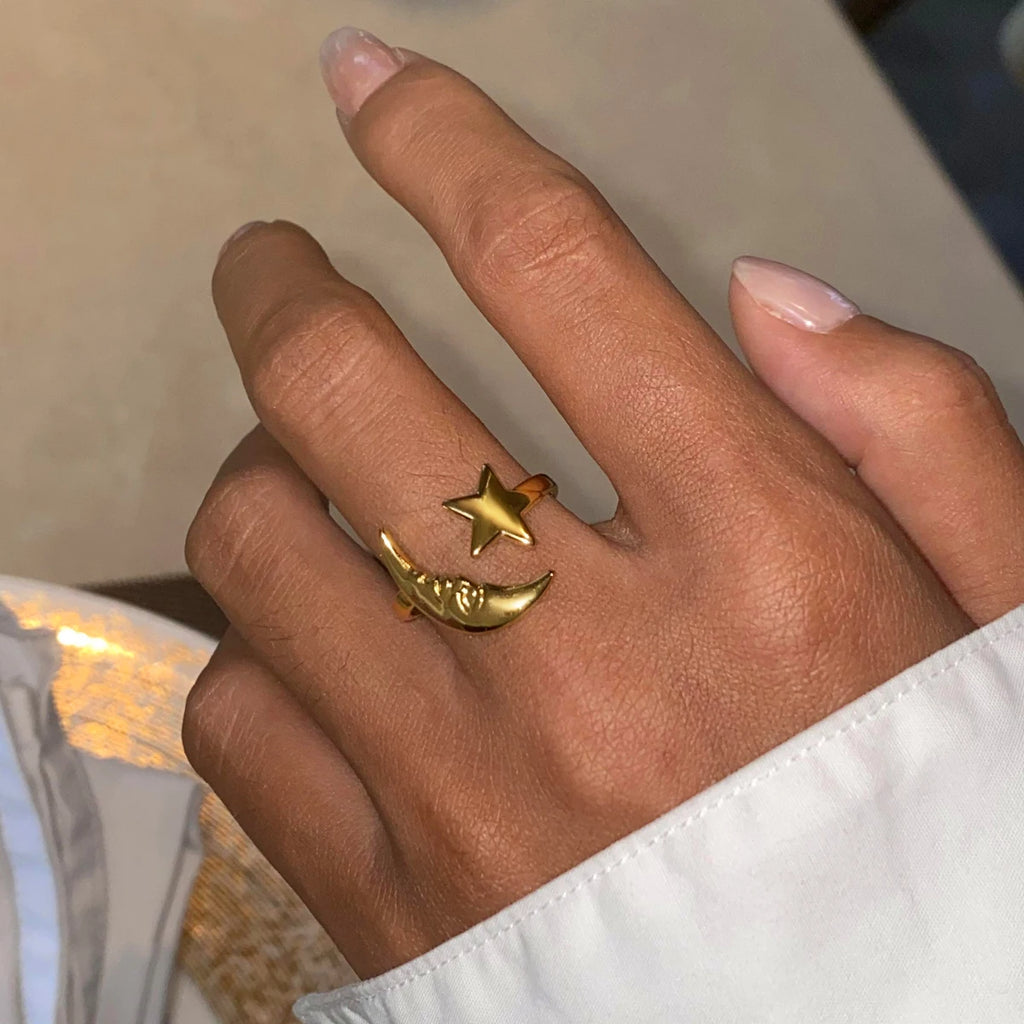 18K PVD minimalistische roestvrije roestvrijstalen ster maan ontwerp open ring dames stijlvolle dagelijkse anti allergische sieraden