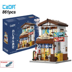 Cada Japanese Sushi HouseBricks Shop LED Japanese Steamed Bun House Building Blocks Summer Cafe cada Toy Street View Series set
