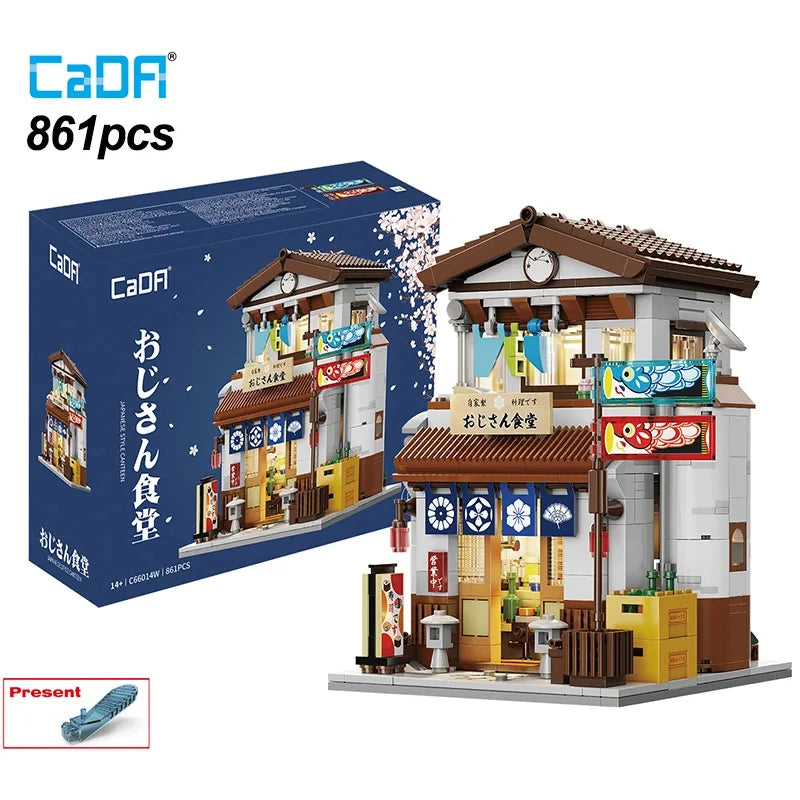 Cada LED City Japanese Street View Bricks Shop LED Japanese Steamed Bun House Architecture Building Blocks Summer Cafe Toys