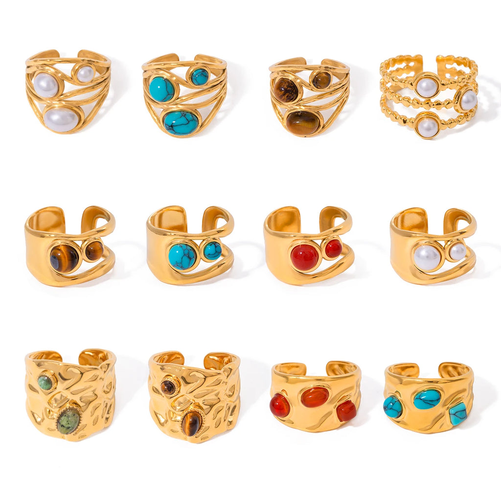 Креативное кольцо из нержавеющей стали с геометрическим круглым гладким отверстием, инкрустация агатом, позолоченное 18К, женское, антиаллергенное, модное украшение