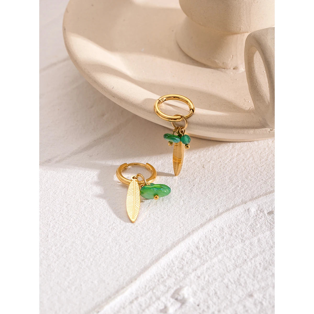 Natural Stone Leaf Feather Buckle Earrings Stainless Steel Metal 18K PVD Gold Plated Women Prevent Allergy Delicate Jewelry