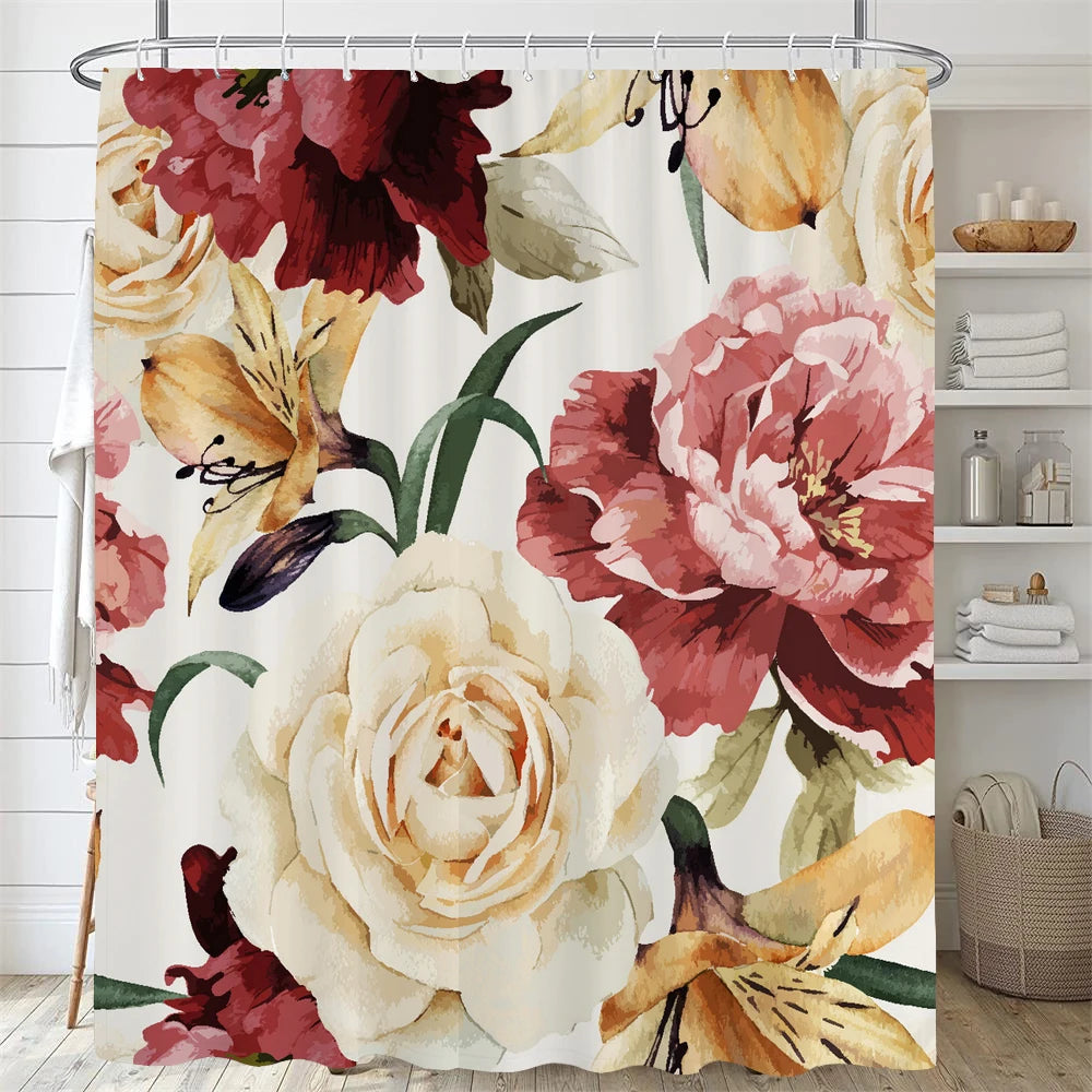 پرده دوش حمام خانه روستایی با طرح گل، گل‌های رترو، گیاه، پروانه، حیوان، بوهمیایی، پرده دوش وان با قلاب