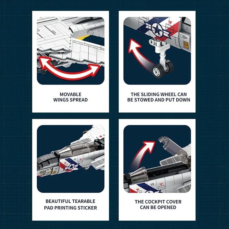 1600PCS Military Tomcat F14 Fighter Aircraft Building Blocks MOC Carrier-Base Fighter Model Bricks Set Holiday Gifts Kids Toys