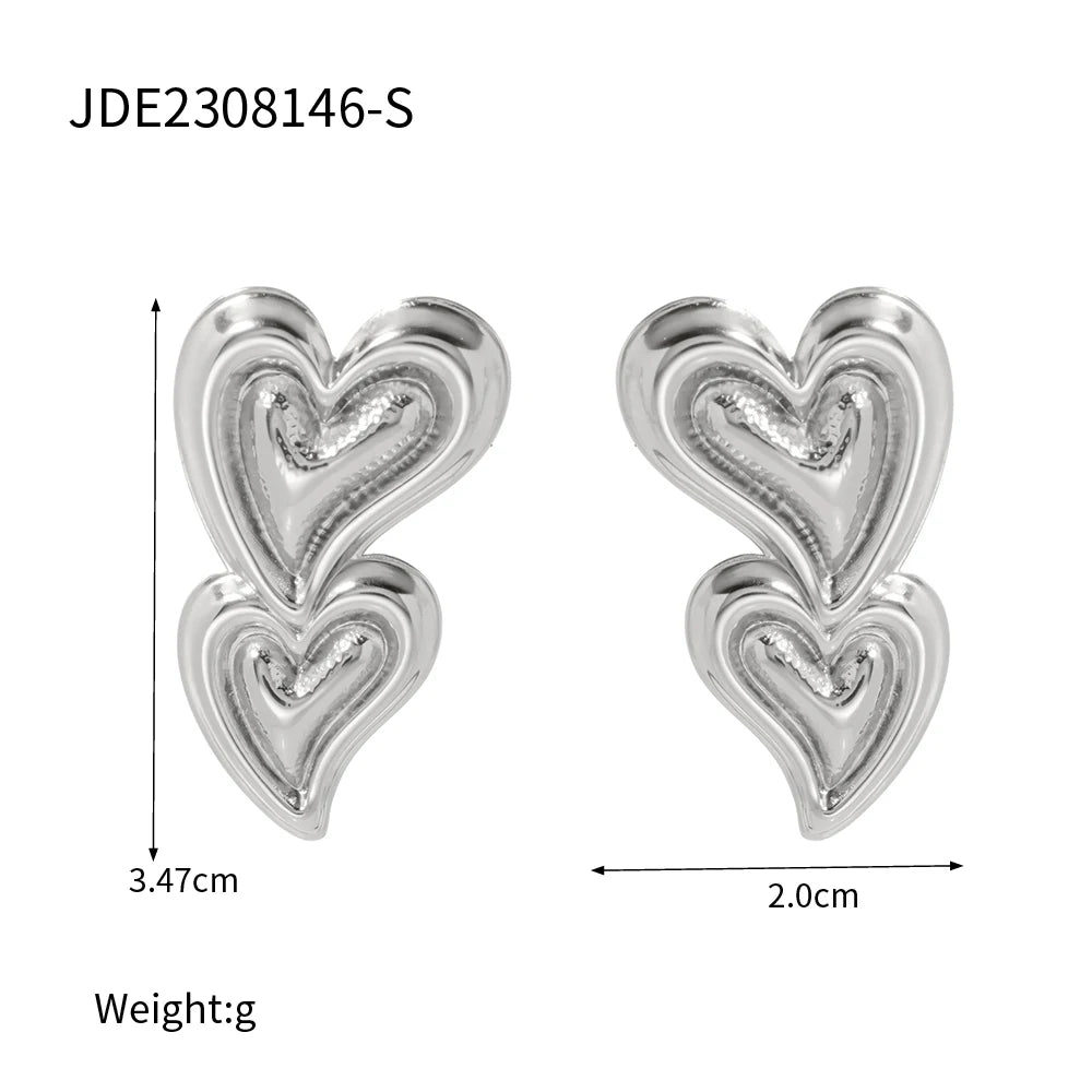 Double Heart Shaped Stainless Steel 18K Gold Plated Liquid Hammer Grain Half-3D Earrings Light Luxury Tarnish-proof Jewelry - Grand Goldman