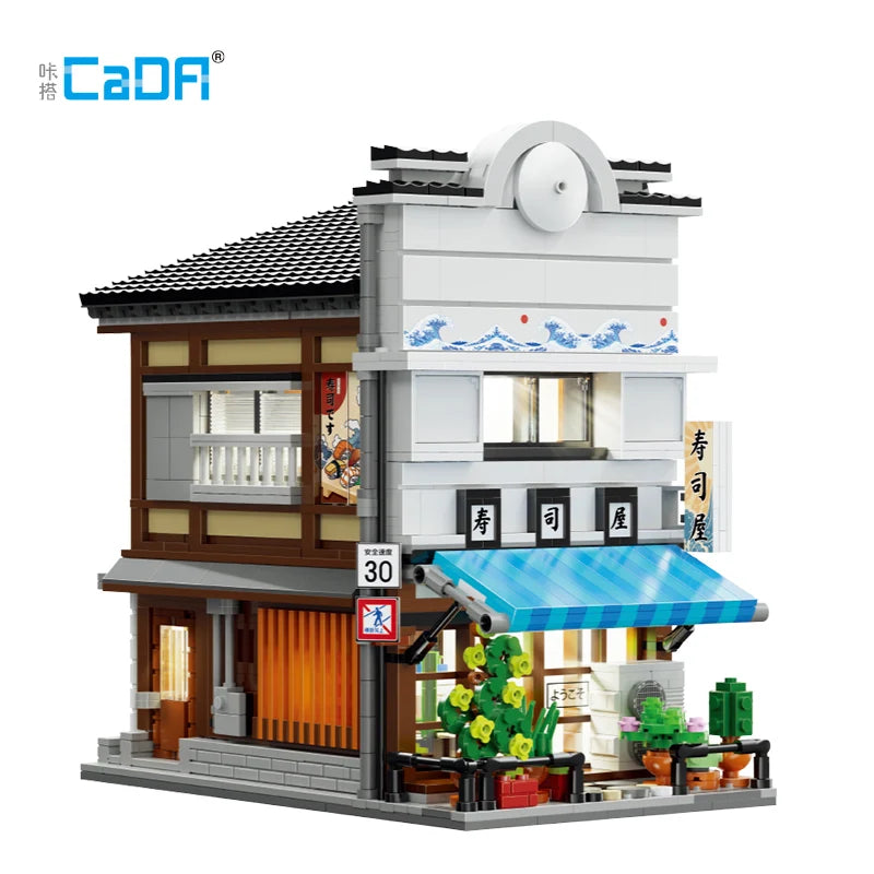Cada LED City Japanese Street View Bricks Shop LED Japanese Steamed Bun House Architecture Building Blocks Summer Cafe Toys