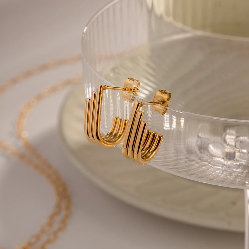 18k forgyldt minimalistisk lys Hyggelig tre-lags cirkel U-formede øreringe i rustfrit stål, kvinder, rustfrit statement smykker