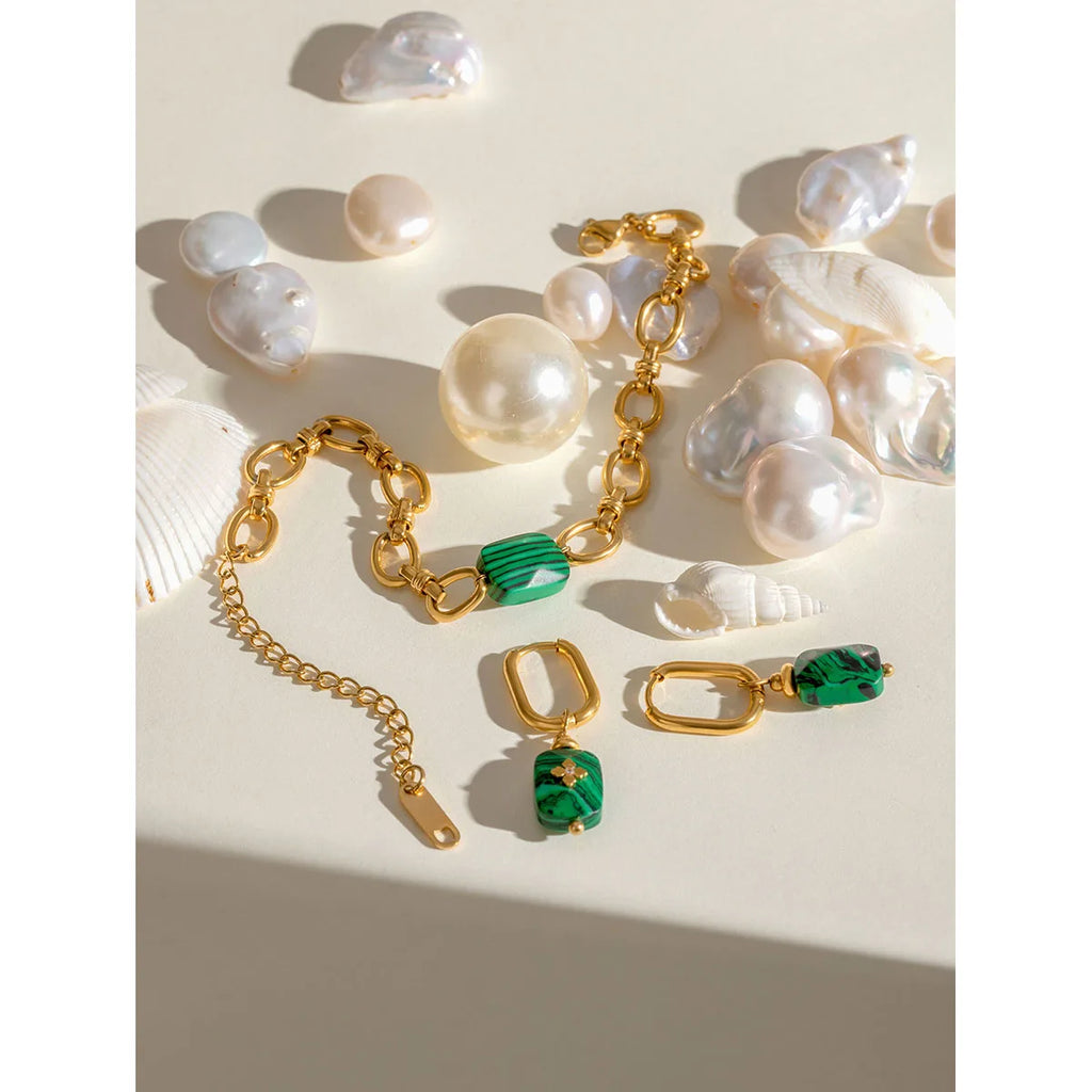 Malachit Anhänger Ohrringe Armband Edelstahl Metall 18K Gold PVD-beschichtet Damen Allergievorbeugend Attraktiver Schmuck