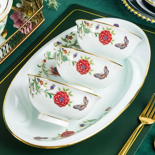 Ensemble de vaisselle de 68 pièces Ensemble de bols et plats Ensemble de 68 pièces Processus de dorure Floral Papillon Double Oreille Pot Assiette Cuillère Tasse à ragoût Ensemble combiné