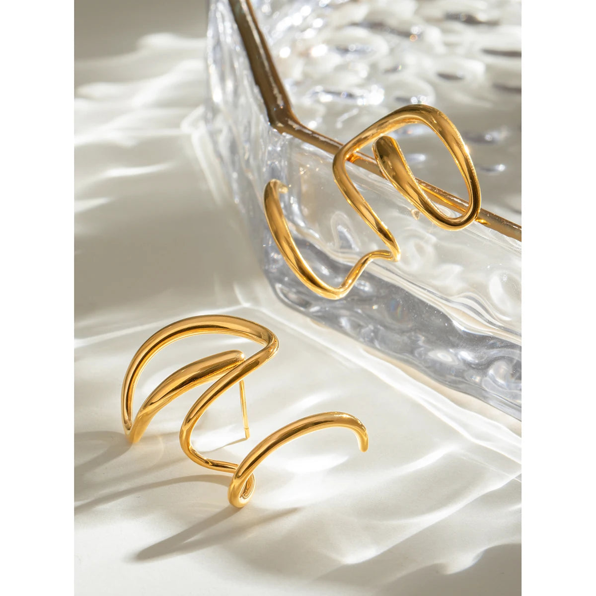 Minimalist 18K Gold Plated Stainless Steel Design Sense of Rotary Line Earrings Women Daily Metal Texture Trendy Charm Jewelry - Grand Goldman