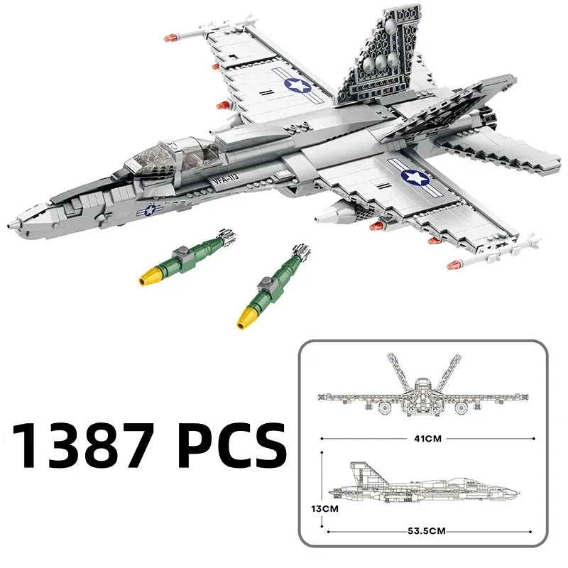 1387PCS Military F-18 Strike Fighter Aircraft Building Blocks MOC Carrier-Base Fighter Model Bricks Set Holiday Gifts Kids Toys