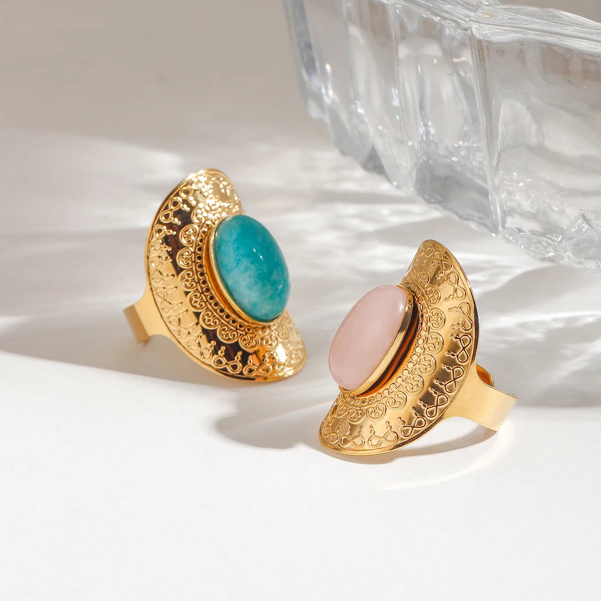 Vintage Green Pink Natural Stone Stainless Steel Open Ring Statemnet Chunky Hyperbolic Finger Rings Trendy Jewelry for Women