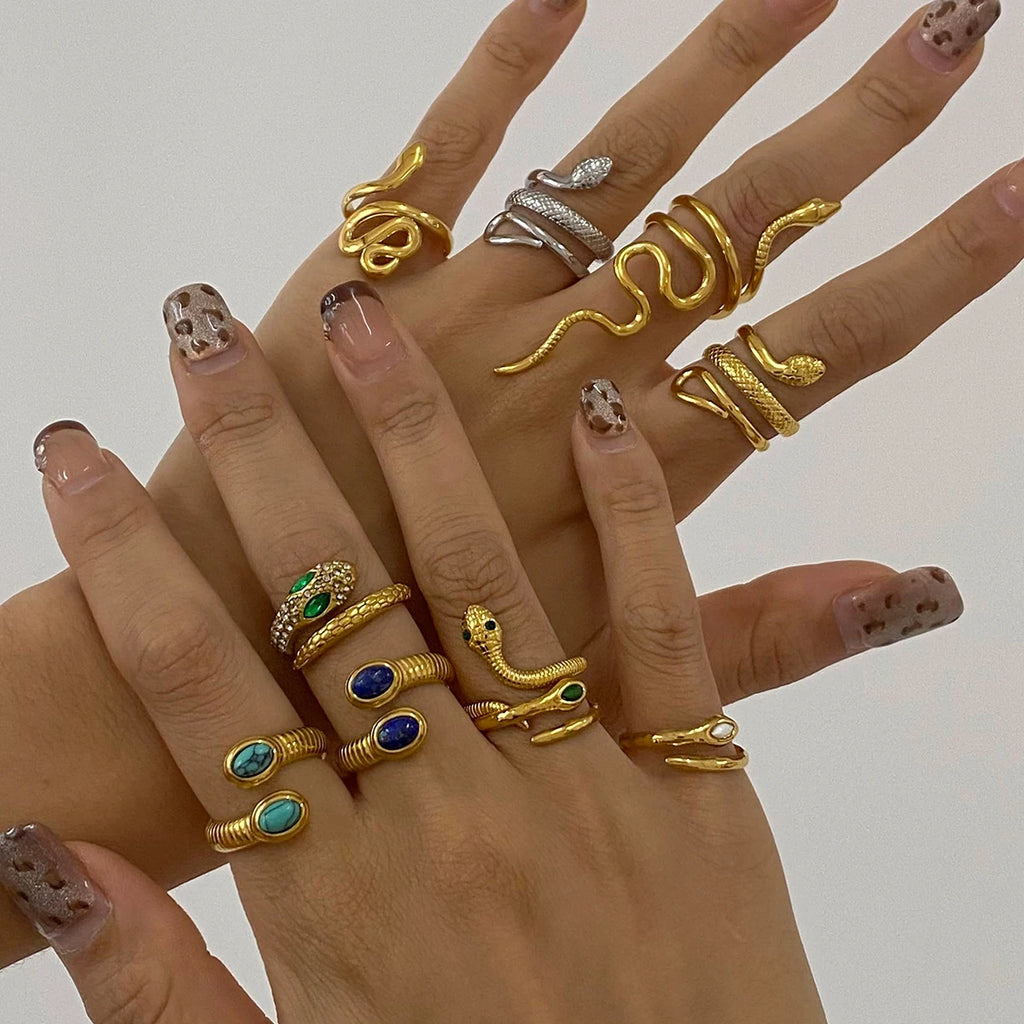 Creativity 18K Gold Plated Stainless Steel Serpentine Snake Shaped Series Open Ring Women Anti Allergic Charm Daily Jewelry