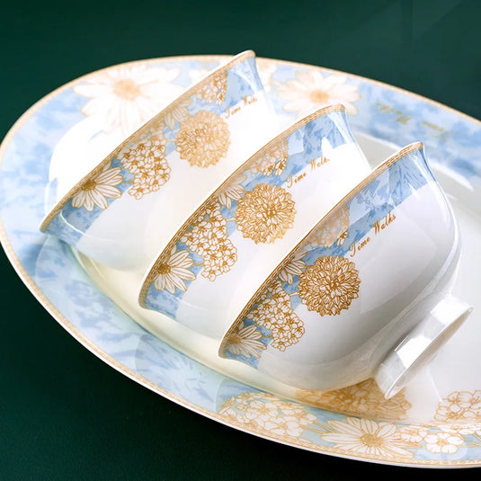 Modern luxury bowls and plates Jingdezhen ceramic tableware, gilt-edged bowls and plates set, household