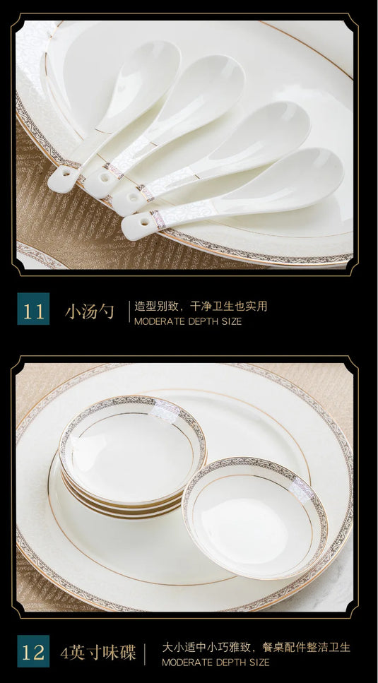 Jingdezhen European Style Simple Gold Border 56 Head Bone Porcelain Tableware Ceramic Bowl and Plate Combination