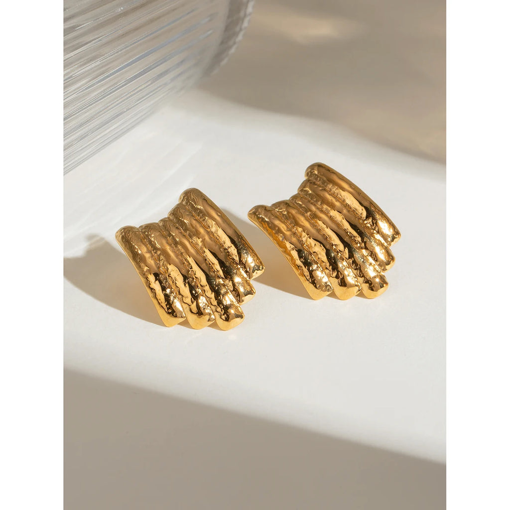 18K PVD Plated Fashion Geometric Minimalist Vertical Hammer Grain Earrings Stainless Steel Women Waterproof Jewelry Gift