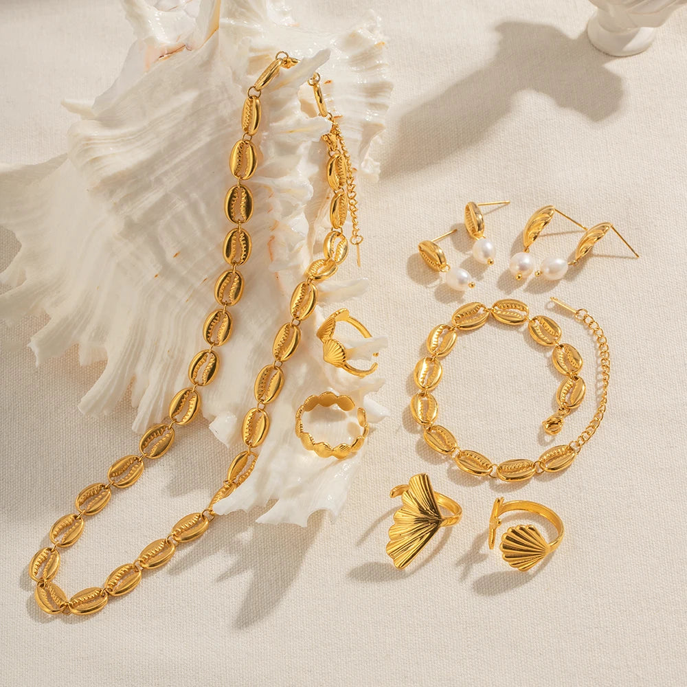 18K PVD Plated Design Stainless Steel Beach Vacation Shell Element Waterproof Pendant Necklace/Earring Metal Attractive Jewelry