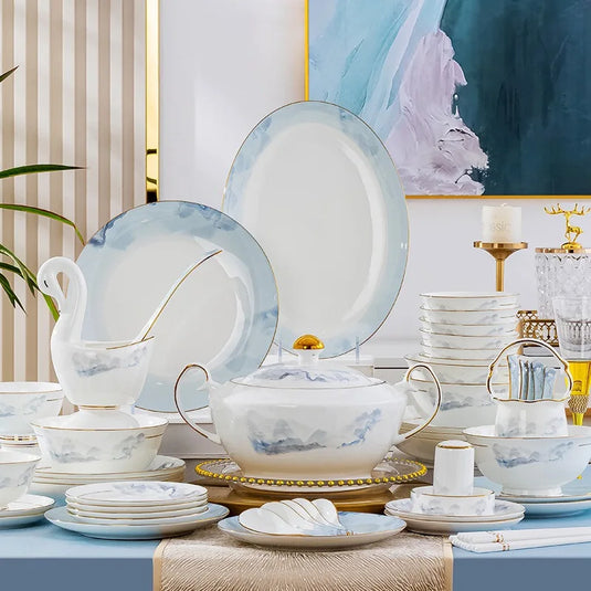 Jingdezhen Light Luxury Wind Bowl and Dish Set Household Bone Porcelain Tableware Bowls, Chopsticks, and Dishes Complete Set