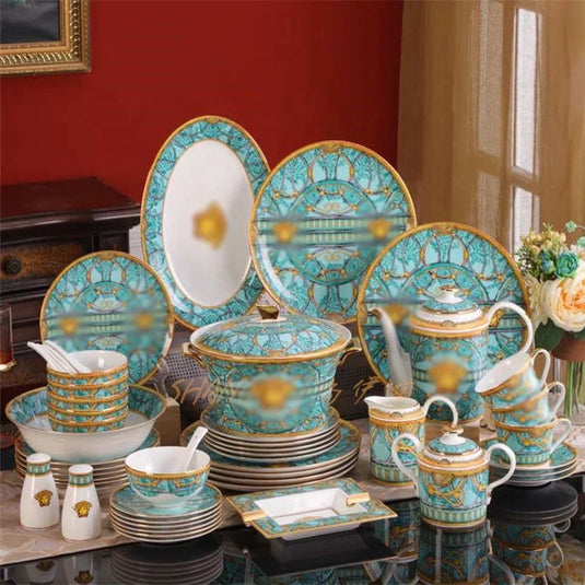 Ustensiles de cuisine à vendre à chaud Ensemble de vaisselle Ensemble de dîner Céramique occidentale Luxe Fine Bone China Cadeaux Ensemble de vaisselle 58 pièces