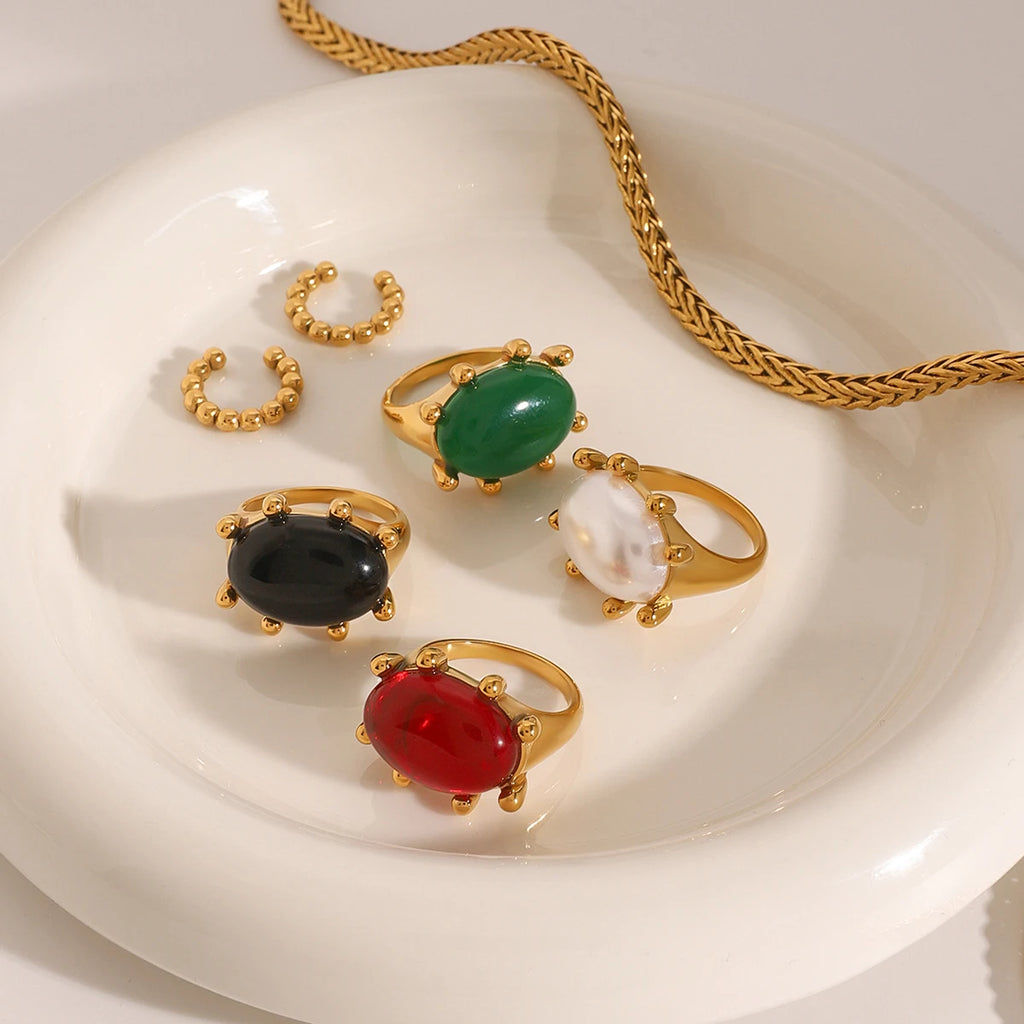 Exquisite 18k Gold Plated Stainless Steel Vintage Exaggerated Inlaid Green Agate Ring Size 7 Women Trendy Charm Chic Jewelry