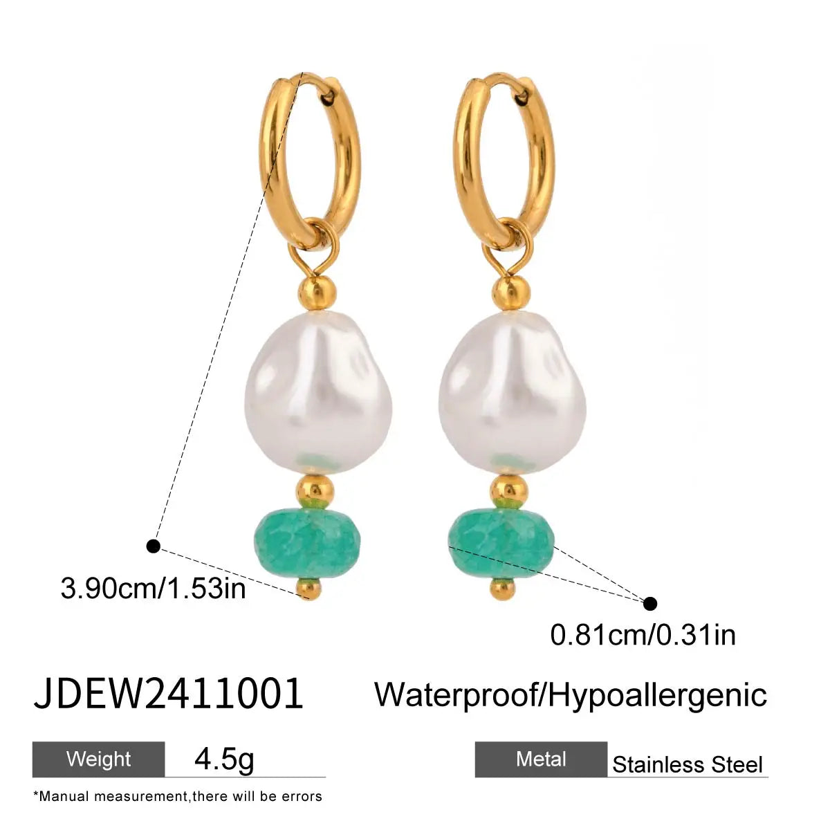 Elegante 18k vergoldete Edelstahl-Ohrringe mit Imitationsperlen und grünem Naturstein, Damen, allergiepräventiver Schmuck